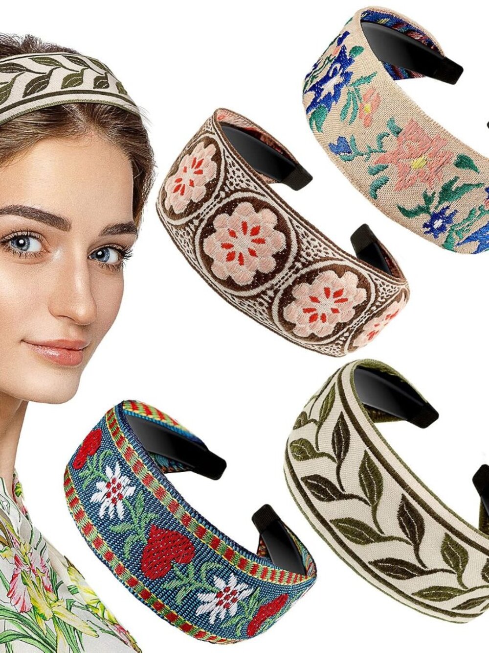 4 Pieces Boho Headband for Women Embroidery Wide Hair Band Bohemia Floral Knotte